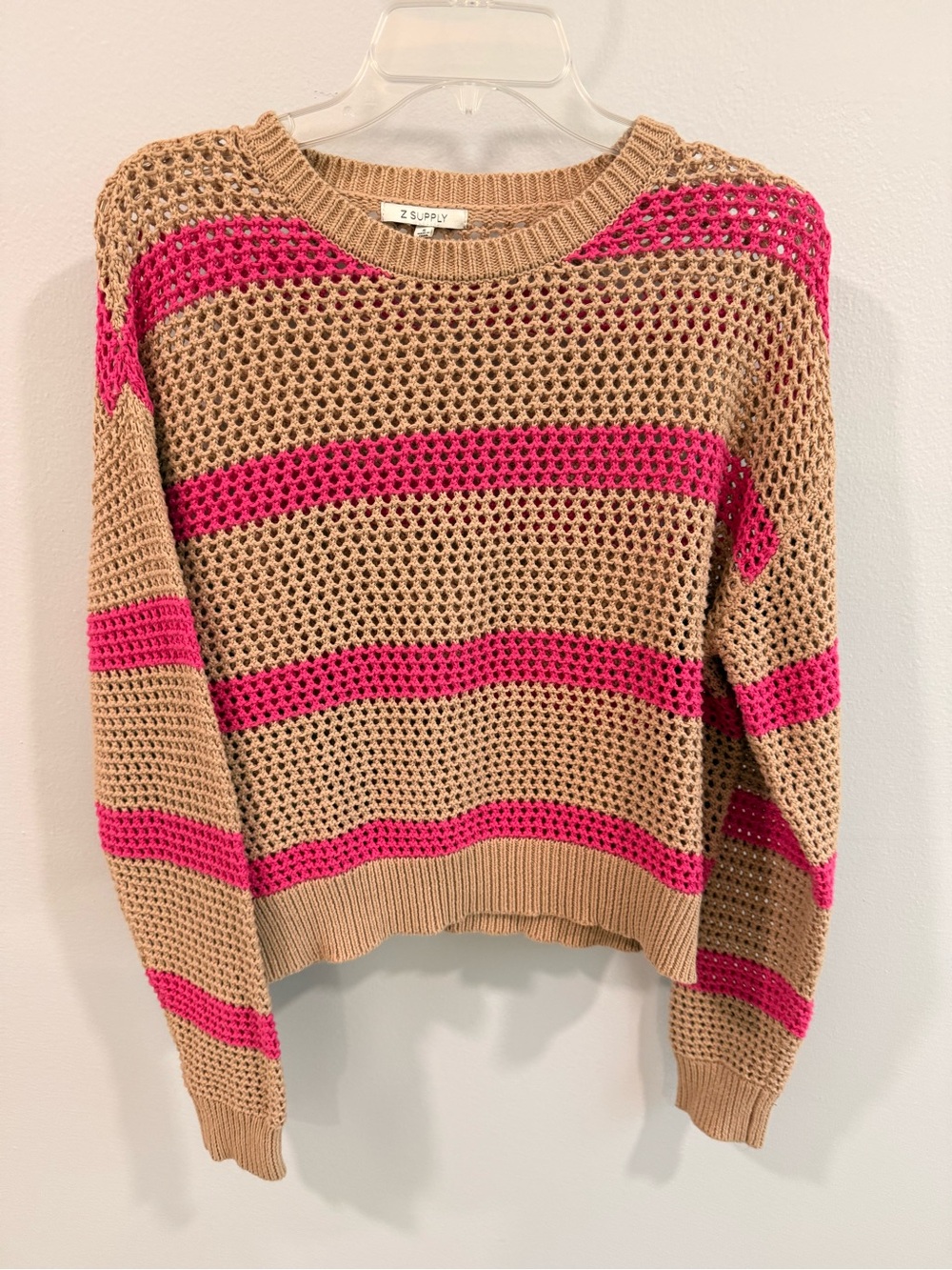 Z Supply Open-Knit Sweater in Pink and Tan Stripes